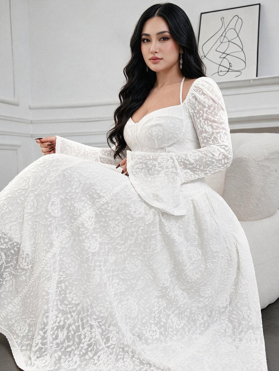 Feyla Plus Size Elegant Party Solid Color Textured Flare Sleeve Dress Lace Dress White Lace Fall - White - View 1