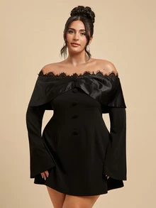 SHEIN BAE CURVE Plus Size Women's Black Short Sleeve Long Sleeve Dress,Plus Size Halloween Coustume,Formal Dress,Wedding Guest Dress,Dresses For Women Elegant,Dresses - Black - View 1