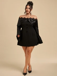 SHEIN BAE CURVE Plus Size Women's Black Short Sleeve Long Sleeve Dress,Plus Size Halloween Coustume,Formal Dress,Wedding Guest Dress,Dresses For Women Elegant,Dresses - Black - View 5
