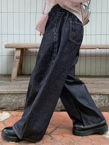 Dazy Plus Quần jeans ống cong kẻ sọc cạp chun dáng rộng, phong cách retro thường ngày đa năng, mẫu mới xuân/thu cho nữ - Rửa tối - Xem 5
