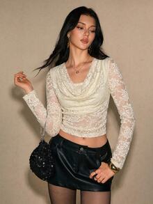 Poéselle 女款蕾絲拼接修身百搭日常上衣，性感浪漫優雅外出上衣，米色，萬聖節 - 杏色 - 查看 1