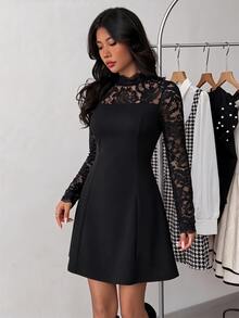 SHEIN فستان ميني أسود ضيق بأكمام طويلة مع رقعات دانتيل، سحاب خلفي، أنيق وجميل وعصري، مناسب للحفلات الراقصة والحفلات والتخرج والخريف - الأسود - مشاهدة 5