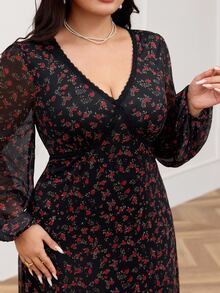 Feyla Plus Size Black Lace Patchwork V-Neck Long Sleeve Dress Fall Brunch Party Romantic Elegant - Multicolor - View 2