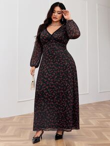 Feyla Plus Size Black Lace Patchwork V-Neck Long Sleeve Dress Fall Brunch Party Romantic Elegant - Multicolor - View 6
