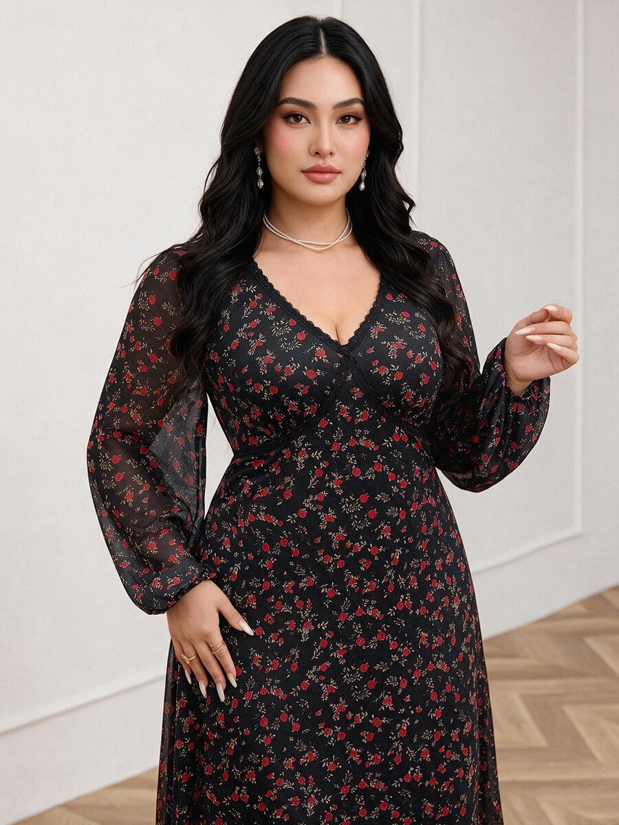 Feyla Plus Size Black Lace Patchwork V-Neck Long Sleeve Dress Fall Brunch Party Romantic Elegant - Multicolor - View 1