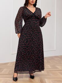Feyla Plus Size Black Lace Patchwork V-Neck Long Sleeve Dress Fall Brunch Party Romantic Elegant - Multicolor - View 7