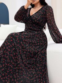Feyla Plus Size Black Lace Patchwork V-Neck Long Sleeve Dress Fall Brunch Party Romantic Elegant - Multicolor - View 5