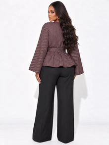 Poshavie Poshavie Plus Size Striped Print VNeck Fitted LongSleeve Blouse, Belted Waist Peplum Ruffle Hem Casual Shirt For Daily, GoingOut & Vacation Wear - Brown - View 2