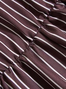 Poshavie Poshavie Plus Size Striped Print VNeck Fitted LongSleeve Blouse, Belted Waist Peplum Ruffle Hem Casual Shirt For Daily, GoingOut & Vacation Wear - Brown - View 7