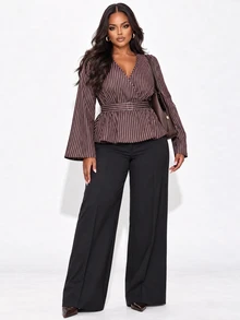Poshavie Poshavie Plus Size Striped Print VNeck Fitted LongSleeve Blouse, Belted Waist Peplum Ruffle Hem Casual Shirt For Daily, GoingOut & Vacation Wear - Brown - View 4