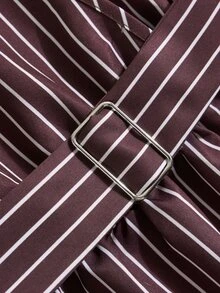 Poshavie Poshavie Plus Size Striped Print VNeck Fitted LongSleeve Blouse, Belted Waist Peplum Ruffle Hem Casual Shirt For Daily, GoingOut & Vacation Wear - Brown - View 6