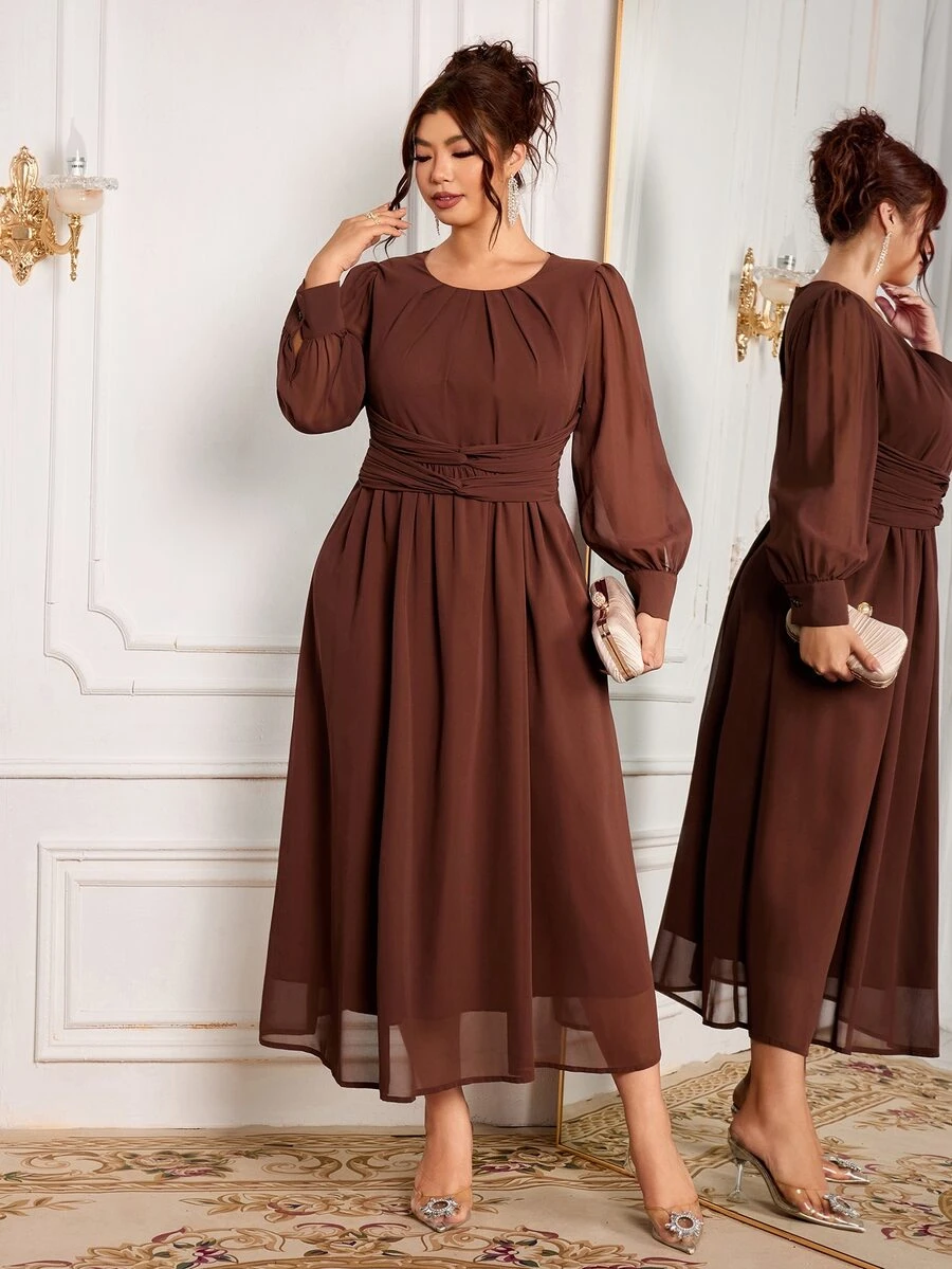 Modelyn Women's Elegant Casual Gentle Style Round Neck High Waist Cross Knot Cinched Waist Draped Flowy Soft Plus Size Dress Cocktail Office Party Brown Fall - Coffee Brown - View 1