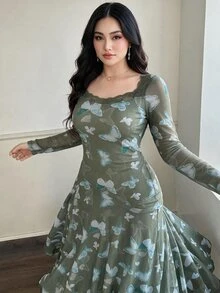 Feyla Plus Size Women's Lace Patchwork Butterfly Pattern Elegant Fairycore Waist-Cinched Party Tea Party Formal Wedding Guest Dress Green Autumn Fall - Army Green - View 1