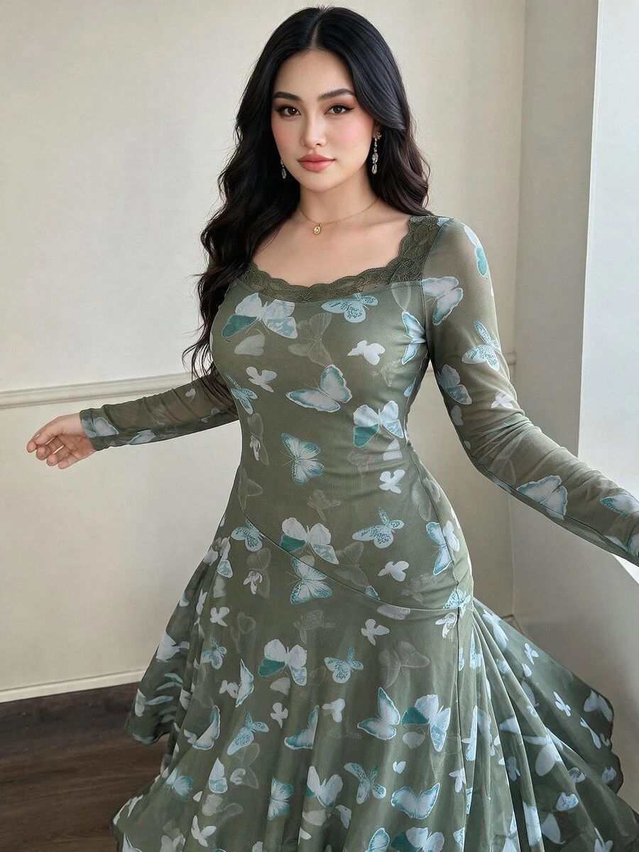 Feyla Plus Size Women's Lace Patchwork Butterfly Pattern Elegant Fairycore Waist-Cinched Party Tea Party Formal Wedding Guest Dress Green Autumn Fall - Army Green - View 1