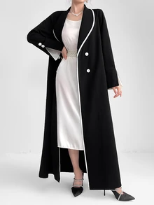 Al Najma 女士时尚优雅朴素长袖阿拉伯长袍，优雅工作服长袍，带有极简领口细节 - 黑色 - 查看 7