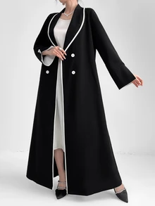 Al Najma 女士时尚优雅朴素长袖阿拉伯长袍，优雅工作服长袍，带有极简领口细节 - 黑色 - 查看 5