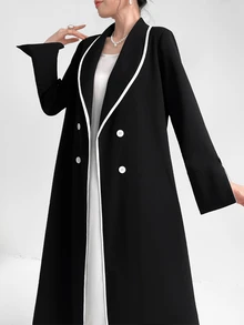 Al Najma 女士时尚优雅朴素长袖阿拉伯长袍，优雅工作服长袍，带有极简领口细节 - 黑色 - 查看 4