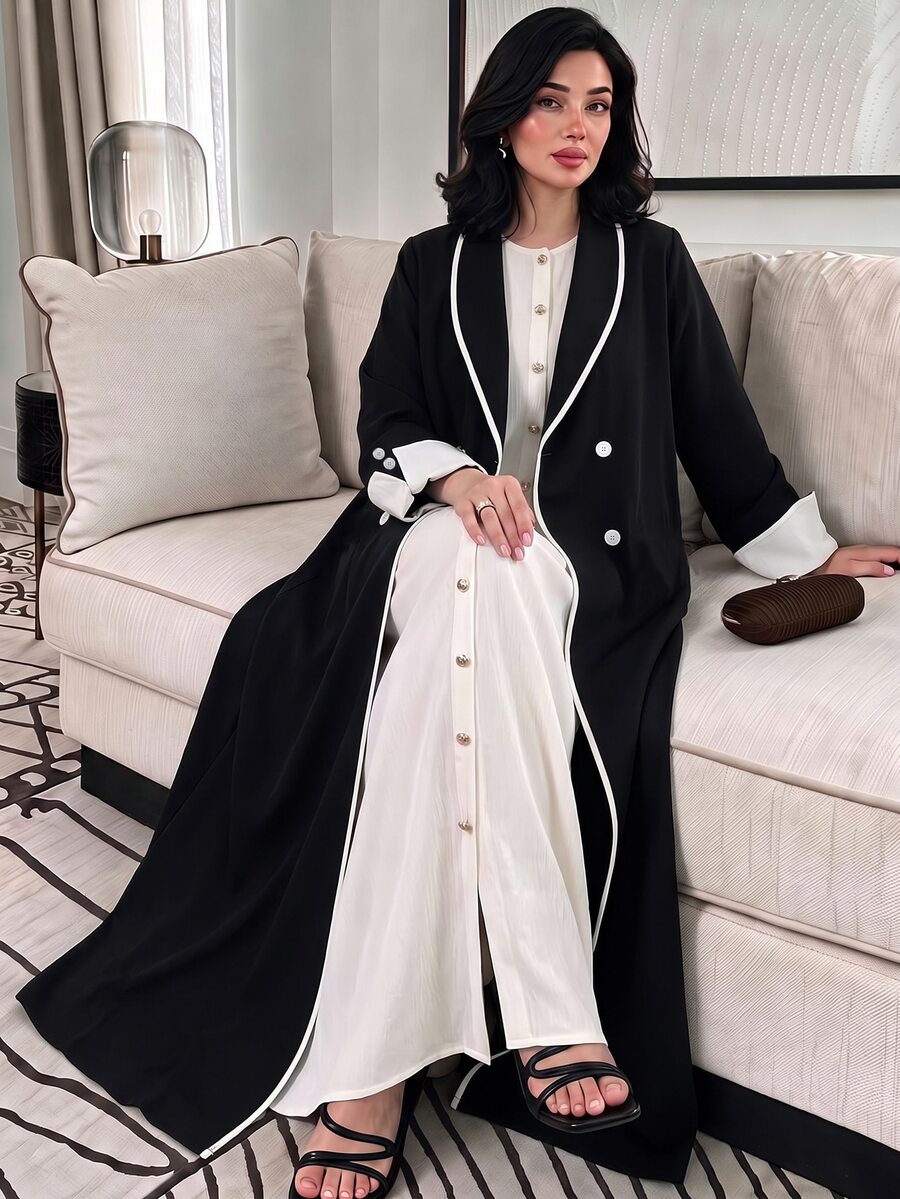 Al Najma 女士时尚优雅朴素长袖阿拉伯长袍,优雅工作服长袍,带有极简领口细节 - 黑色 - 查看 1