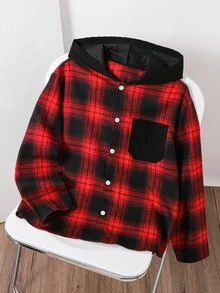 SHEIN 兒童青少年男孩休閒款柔軟舒適聖誕紅格紋領襯衫，基礎上衣，適合秋冬、聖誕節、萬聖節、學校、家庭聚會、度假、派對，秋季穿搭，冬季穿搭 - 彩色 - 查看 2