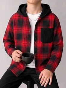 SHEIN 兒童青少年男孩休閒款柔軟舒適聖誕紅格紋領襯衫，基礎上衣，適合秋冬、聖誕節、萬聖節、學校、家庭聚會、度假、派對，秋季穿搭，冬季穿搭 - 彩色 - 查看 3