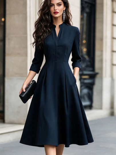 SHEIN Women's New Autumn/Winter Navy Blue V-Neck A-Line Cinched Waist Long Sleeve Elegant Casual Commute Holiday Party Mid-Length Dress