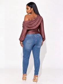 Poshavie Poshavie Plus Size Draped OneShoulder LongSleeve Top, Elegant Ruched OffShoulder Blouse, Casual Fitted Solid LongSleeve Top For GoingOut & Party - Mauve Purple - View 2