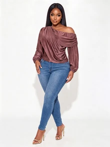 Poshavie Poshavie Plus Size Draped OneShoulder LongSleeve Top, Elegant Ruched OffShoulder Blouse, Casual Fitted Solid LongSleeve Top For GoingOut & Party - Mauve Purple - View 5