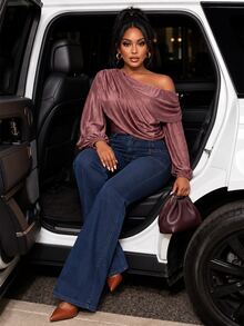 Poshavie Poshavie Plus Size Draped OneShoulder LongSleeve Top, Elegant Ruched OffShoulder Blouse, Casual Fitted Solid LongSleeve Top For GoingOut & Party - Mauve Purple - View 3