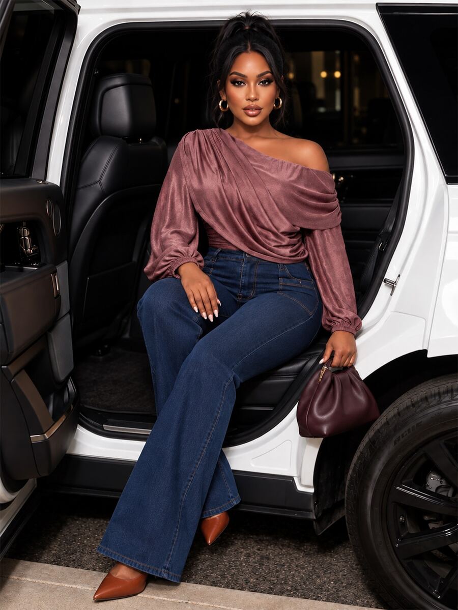 Poshavie Poshavie Plus Size Draped OneShoulder LongSleeve Top, Elegant Ruched OffShoulder Blouse, Casual Fitted Solid LongSleeve Top For GoingOut & Party - Mauve Purple - View 1