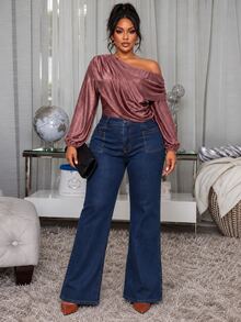 Poshavie Poshavie Plus Size Draped OneShoulder LongSleeve Top, Elegant Ruched OffShoulder Blouse, Casual Fitted Solid LongSleeve Top For GoingOut & Party - Mauve Purple - View 1
