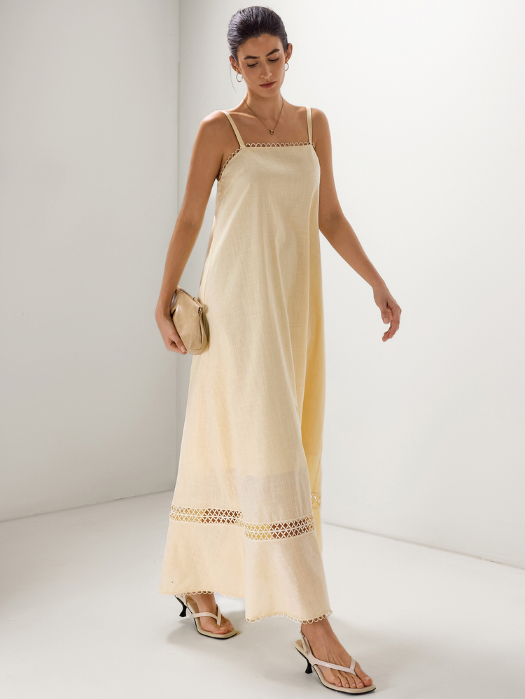 Briarwyn Elegant Casual Modest White Summer Tropical Holiday 100 Cotton Linen Dress Women Crochet Lace Ruffle Trim Solid Loose Straight Graduation Beach - Light Yellow - View 5