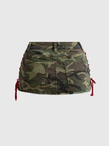 ROMWE Avant Women's Y2K Chic Vintage Street Camo Pattern Collegiate Style Slogan Logo Embroidered Patchwork Tie Low Waist Mini Tight Sexy Denim Skirt - Green - View 3
