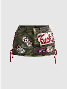 ROMWE Avant Women's Y2K Chic Vintage Street Camo Pattern Collegiate Style Slogan Logo Embroidered Patchwork Tie Low Waist Mini Tight Sexy Denim Skirt - Green - View 4