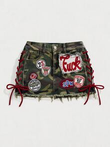 ROMWE Avant Women's Y2K Chic Vintage Street Camo Pattern Collegiate Style Slogan Logo Embroidered Patchwork Tie Low Waist Mini Tight Sexy Denim Skirt - Green - View 1