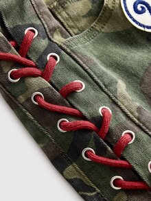 ROMWE Avant Women's Y2K Chic Vintage Street Camo Pattern Collegiate Style Slogan Logo Embroidered Patchwork Tie Low Waist Mini Tight Sexy Denim Skirt - Green - View 5