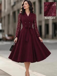 SHEIN Women's Lace Patchwork Waist Knot Casual Party Mid-Length Dress - Burgundy - View 1