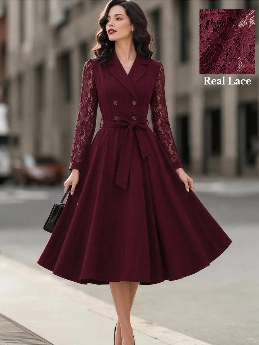 SHEIN Women's Lace Patchwork Waist Knot Casual Party Mid-Length Dress - Burgundy - View 1