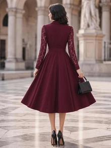 SHEIN Women's Lace Patchwork Waist Knot Casual Party Mid-Length Dress - Burgundy - View 3