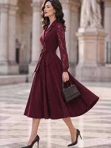 SHEIN Women's Lace Patchwork Waist Knot Casual Party Mid-Length Dress - Burgundy - View 4