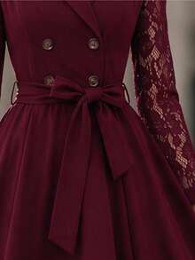 SHEIN Women's Lace Patchwork Waist Knot Casual Party Mid-Length Dress - Burgundy - View 7