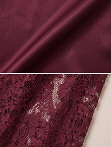SHEIN Women's Lace Patchwork Waist Knot Casual Party Mid-Length Dress - Burgundy - View 5