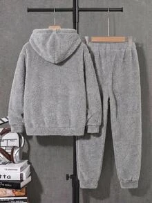 SHEIN 男童休閒時尚舒適刺繡貼布雙面刷毛連帽套頭長袖針織衛衣 秋冬款 - 灰色 - 查看 2