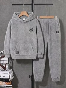 SHEIN 男童休閒時尚舒適刺繡貼布雙面刷毛連帽套頭長袖針織衛衣 秋冬款 - 灰色 - 查看 1