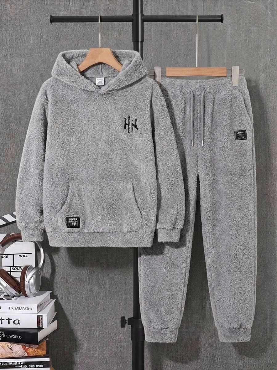 SHEIN 男童休閒時尚舒適刺繡貼布雙面刷毛連帽套頭長袖針織衛衣 秋冬款 - 灰色 - 查看 1