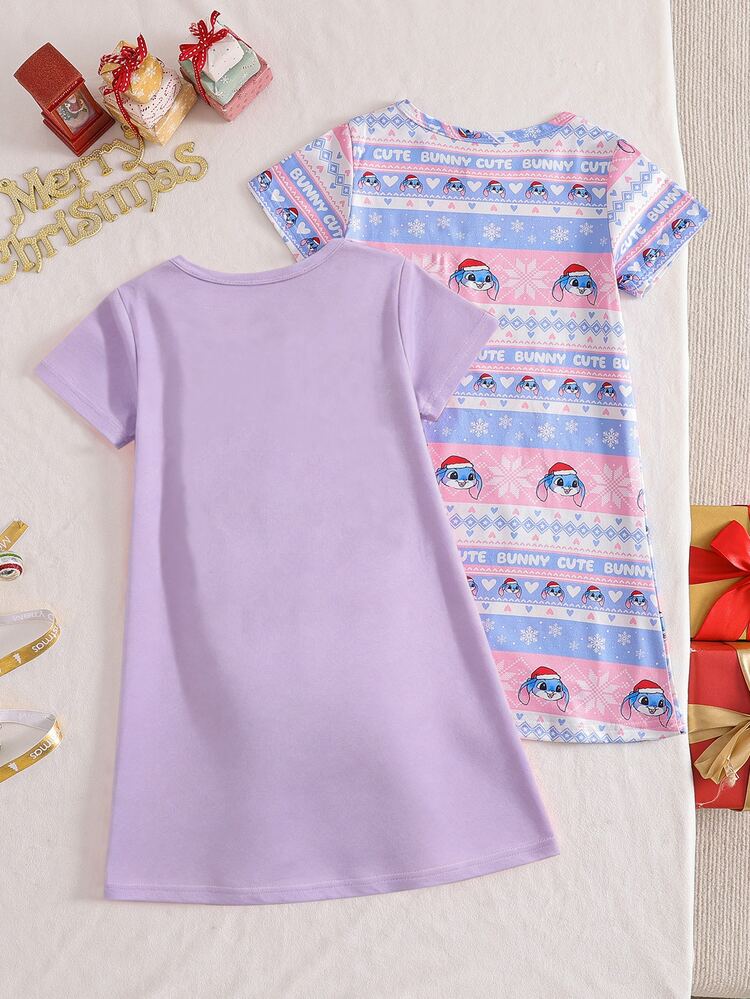 SHEIN 2 Pieces Young Girls Short Sleeve Summer Nightgown, Cute Cartoon Capybara Graphic Soft Pink Fairy Night Loungewear, Knit Fabric Skin-Friendly Pajamas - Pink - View 2