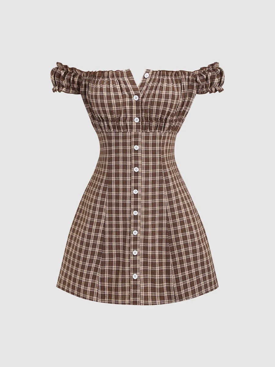 Sweetra Casual Fashion Slim-Fit Plaid Off Shoulder Mini Dress For Women - Coffee Brown - View 1
