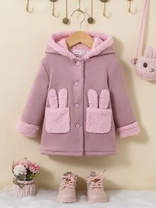 SHEIN Baby Girl Dual Pocket Teddy Lined Hooded Coat Without Sweater - Dusty Pink - View 4