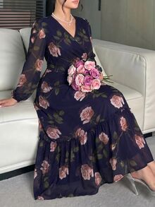 Modelyn 大尺碼女款花卉印花重疊V領長袖優雅洋裝 - 彩色 - 查看 5