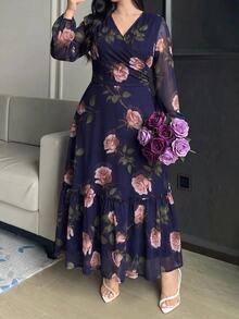 Modelyn 大尺碼女款花卉印花重疊V領長袖優雅洋裝 - 彩色 - 查看 6