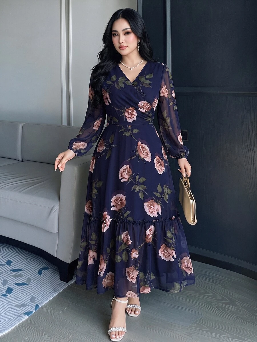 Modelyn 大尺碼女款花卉印花重疊V領長袖優雅洋裝